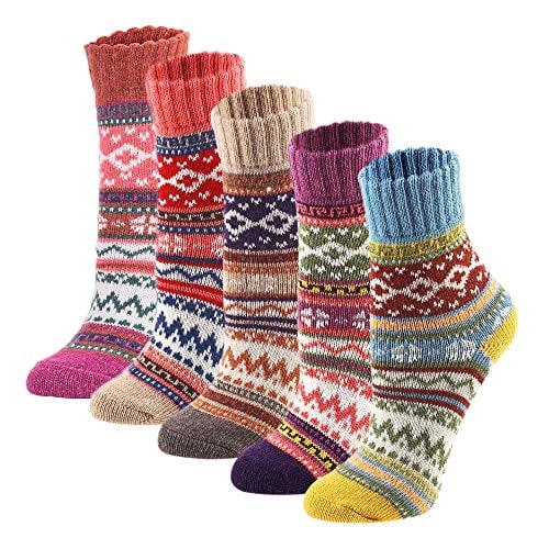 Book Cover YQHMT 5 Pack Womens Thick Warm Knit Vintage Stripe Comfort Cotton Casual Wool Crew Winter Socks Gift
