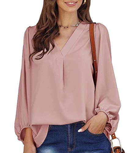 Book Cover Aixy Womens V Neck Tops and Blouses for Work Batwing/Lantern Sleeves Loose Shirts - Pink - X-Large