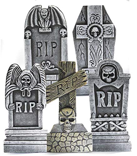 Book Cover Prextex 5-Pack Halloween Foam Graveyard Tombstones Halloween Decorations Outdoor RIP Gravestones for Yard and Lawn Decor