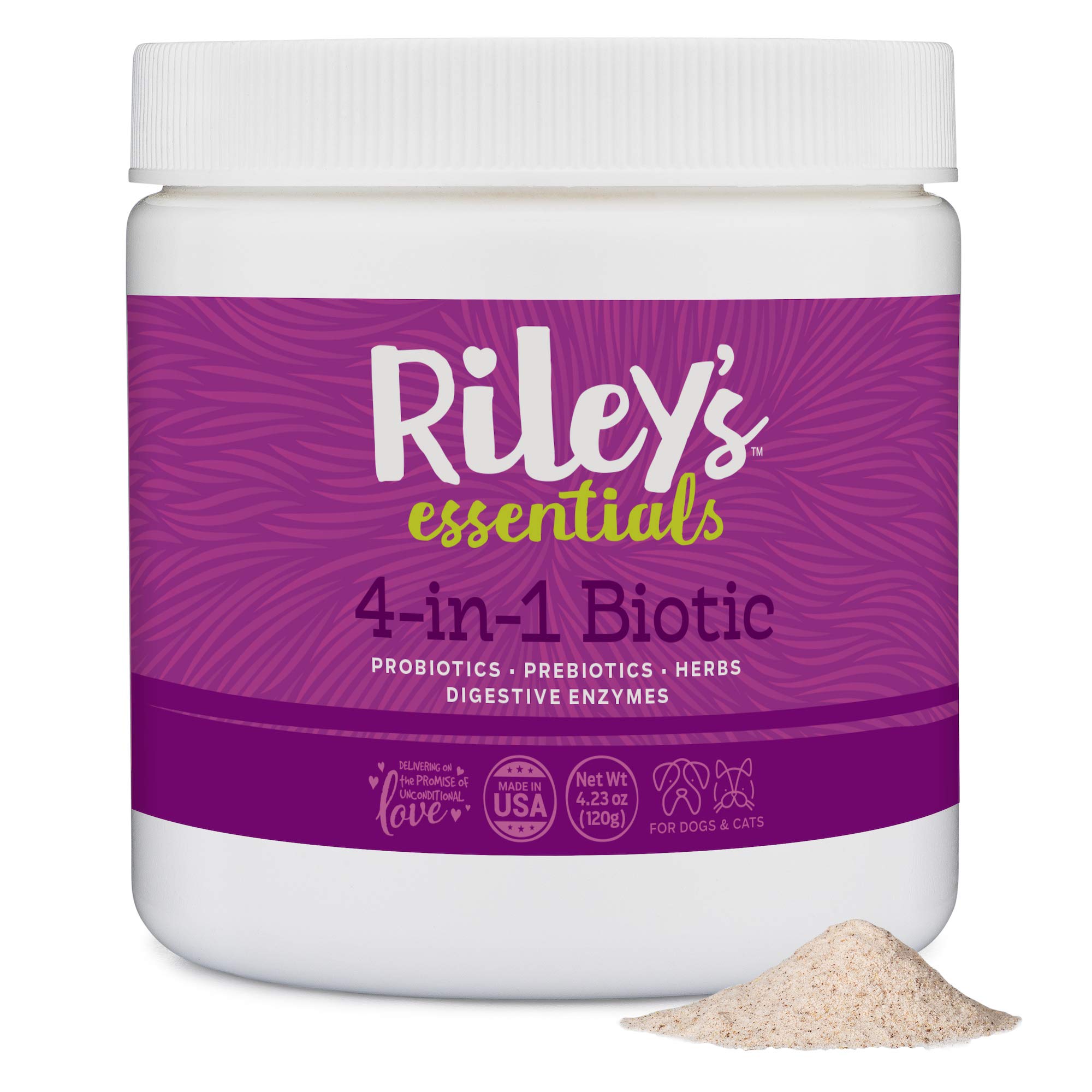 Book Cover Riley's Probiotics for Dogs - 4-in-1 Biotic for Dogs & Cats - Probiotics, Digestive Enzymes, Prebiotics, and Herbs - Most Complete Canine Probiotics Supplements for Dogs - 4.23oz Powder