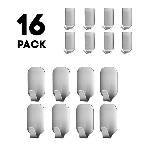 Book Cover Adhesive Hooks Stick on Hooks Heavy Duty Wall Hooks for Hanging Stainless Steel Ultra Strong Waterproof Wall Hangers for Robe Coat Towel Keys Bags Home Bathroom 16 Pack
