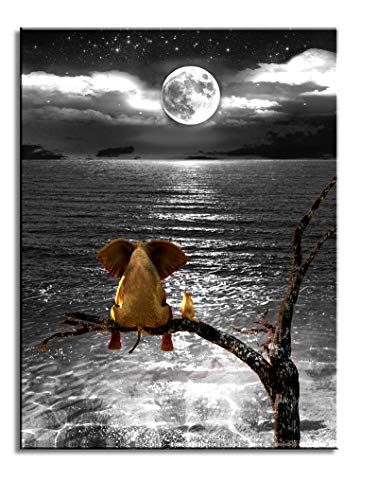 Book Cover bathroom decor artwork Black and white ocean sea Animal Resting Elephant Look Moon framed wall art Giclee Wall Decor on Canvas Stretched Artwork Living Room Bedroom Ready to Hang