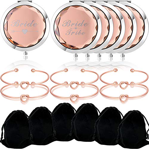 Book Cover 6 Pack Compact Pocket Bride Makeup Mirrors and 6 Pack Bridemaid Love Knot Bracelets for Bridal Shower Hen Party Bridesmaid Proposal Gifts (Rose Gold)
