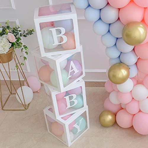 Book Cover Baby Shower Boxes Party Decorations – 4 pcs Transparent Balloons Boxes Décor with Letters, Individual BABY Blocks Design for Boys Girls Baby Shower Decorations Gender Reveal Bridal Showers Birthday Party Backdrop
