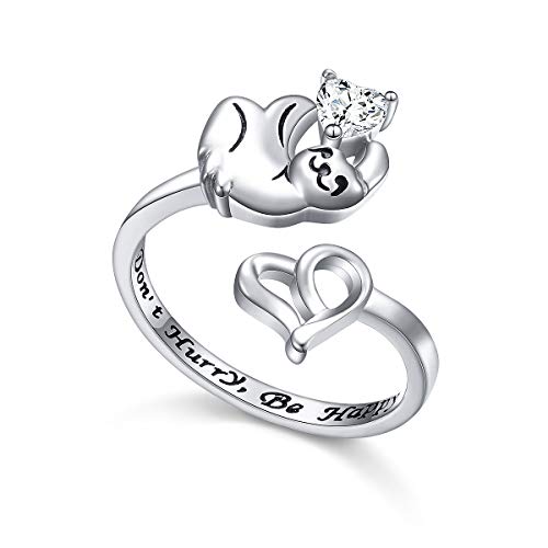 Book Cover Sloth Ring 925 Sterling Silver Engraved Don't Hurry Be Happy Cute Animal Sloth Heart Open Ring for Women Teen Girls, Size 6 to 9