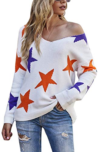 Book Cover Women Pullover Sweater Winter V Neck Long Sleeve Star Printed Knitted Top