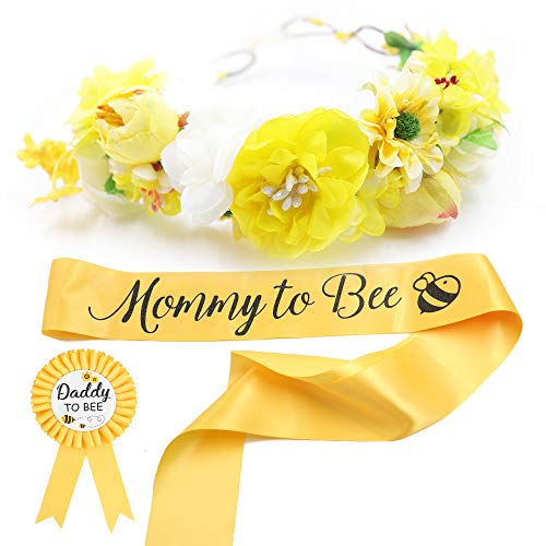Book Cover Baby Shower Mom to Bee Sash & Flower Crown & Daddy to Bee Pin Kit - What Will Baby Bee Baby Shower Gift Mommy Sash Pregnancy Sash Baby Shower Baby Sprinkle Keepsake