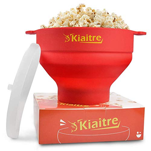 Book Cover Kiaitre Microwave Popcorn Popper - Silicone Popcorn Popper, Collapsible Popcorn Popper with Lid, Handles and Dishwasher Safe, Popcorn Maker Bowl for Home and Party.