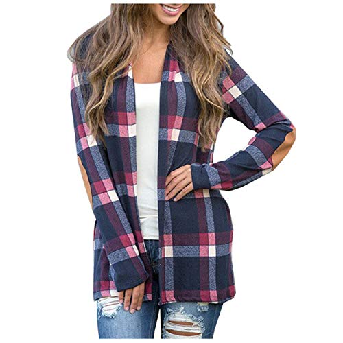 Book Cover Womens Long Sleeve Front Open Plaid Cardigan Patch Blouse Navy