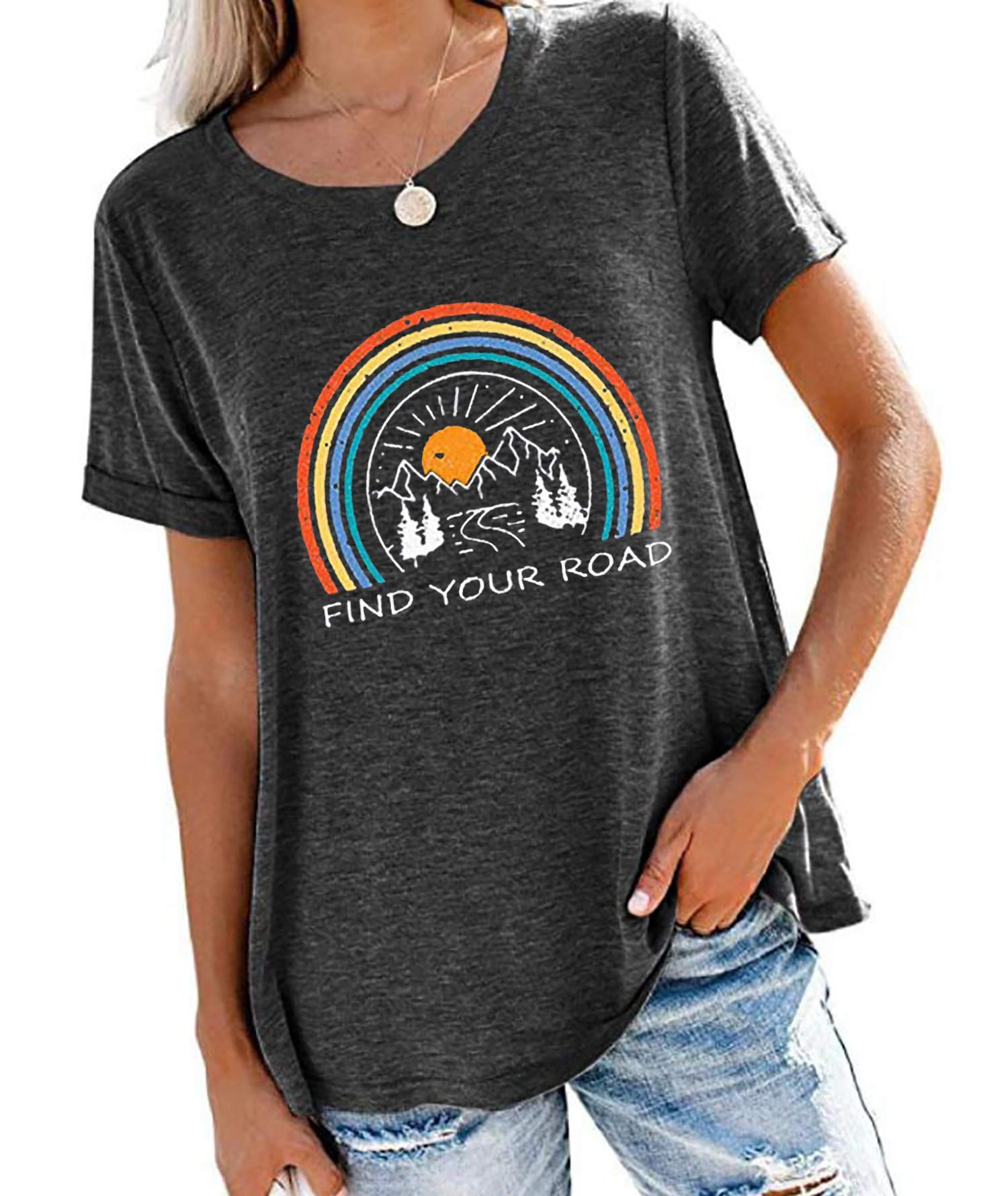 Book Cover Find Your Road Shirt Women Hiking Camping Shirts Tops Rainbow Graphic Tees Casual T Shirt Top Grey Small