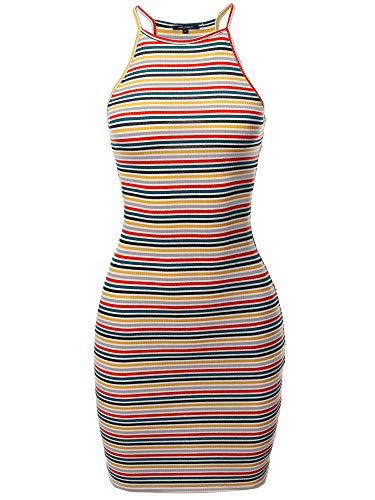 Book Cover Awesome21 Women's Stripe Print High Neck Ribbed Body-Con Mini Dress