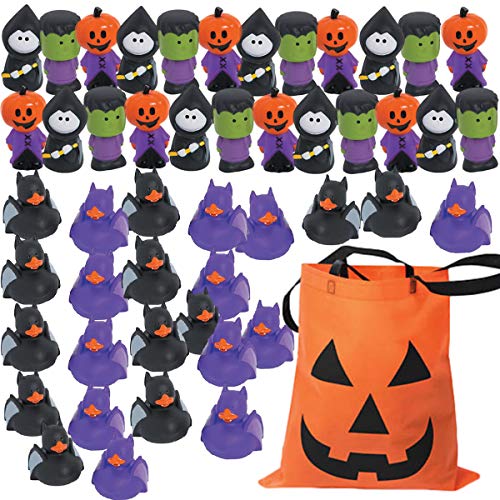 Book Cover Kids Halloween Trick or Treat Handouts - Variety Pack Rubber Toy Assortment (48 Pieces + 1 Jack o Lantern Tote Bag) - Spooky Kids Toys - 24 Bat Halloween Rubber Ducks + 24 Halloween Monster Characters - Party Favors, Prizes, Giveaways, Classroom