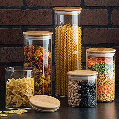 Book Cover Canister Set of 5, Glass Kitchen Canisters with Airtight Bamboo Lid, Glass Storage Jars for Kitchen, Bathroom and Pantry Organization Ideal for Flour, Sugar, Coffee, Cookie Jar, Candy, Snack and More