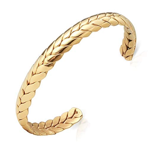 Book Cover Lolalet Wide Open Cuff Bracelet, Christmas Gift for Women, 18K Gold Plated Wheat Style Couples Love Bracelets, Weave Braided Twisted Open Cuff Bangle Jewelry –Gold