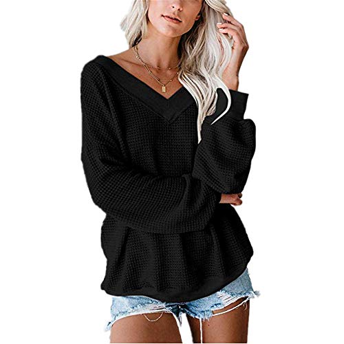 Book Cover Anoir Women's V Neck Long Sleeve Waffle Knit Top Off Shoulder Pullover Sweater Casual Sweater
