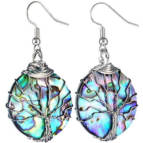 Book Cover SUNYIK Natural Abalone Shell Tree of Life Dangle Earrings for Women, Handmade Wire Wrapped Teardrop Drop Hook Earring for Ladies
