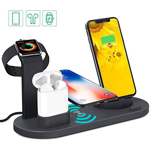 Book Cover MQOUNY Wireless Charger,4 in 1 Charging Stand Dock for Apple Watch(Original Charger Required) and Airpods,Multiple Charging Station Qi Wireless Charging Compatible with iPhone X Galaxy Note 10 (Black)