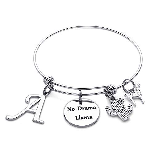 Book Cover M MOOHAM Llama Gifts Initial Bracelet - No Drama Llama Expandable Charm Bracelets for Women, Stainless Steel Llama Charm A Initial Bracelet for Women
