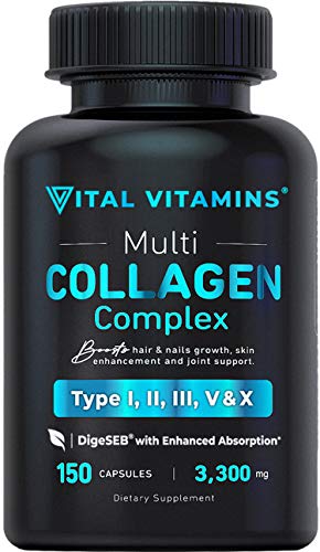 Book Cover Multi Collagen Pills (Types I,II,III,V,X) 150 Capsules 3300 mg Grass Fed Collagen Peptides Enhanced Absorption for Anti-Aging, Hair Growth & Nails, Healthy Joints & Skin, Hydrolyzed Protein Supplement