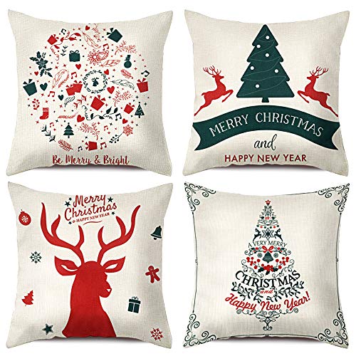 Book Cover TERUNPU 4pcs Christmas Pillow Covers 18x18inches, Merry Christmas Deer Pillowcase Couch Cotton Linen Throw Pillow Cases, Home Sofa Bedroom Car Decor