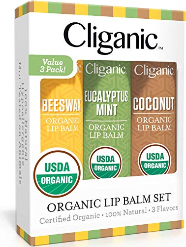 Book Cover Cliganic USDA Organic Lip Balm Set - 3 Flavors - 100% Natural Moisturizer for Cracked & Dry Lips