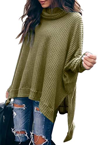 Book Cover Caracilia Women Turtle Cowl Neck Long Batwing Sleeve Waffle Knit Pullover Sweaters Oversized Loose Fit High Low Tunic Tops