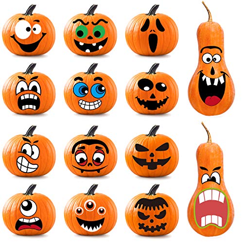 Book Cover Whaline 64Pcs Halloween Pumpkin Stickers, 14 Funny and Classic Pumpkin Expressions Stickers for Pumpkins and Squashes, Make Your Own Jack-O-Lantern Face Decals for Halloween Party Decoration
