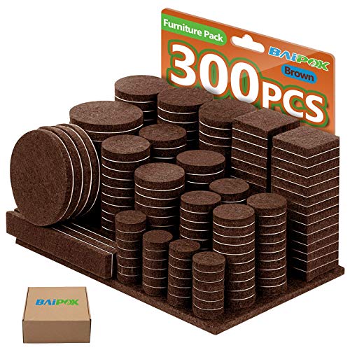 Book Cover Furniture Pads Felt Pads 300 Pieces Huge Pack Furniture Felt Pads 5mm Thick, Self Adhesive Anti Scratch Floor Protectors for Furniture on Hardwood Tile Floor, with 60 Cabinet Door Bumpers, Brown