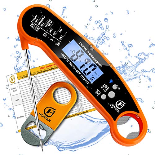 Book Cover HONJAN Instant Read Food Thermometer Digital Waterproof for Kitchen Cooking with Backlight and Calibration Feature(Orange)