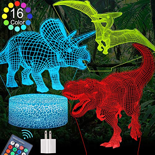 Book Cover FEOAMO 3D Dinosaur Night Light for Boys, 16-Color and 3-Pattern with Remote Control, Dino Night Light, 3D Illusion Toy Lamp Nightnight, Gift for Boys Age 4 5 6+ Year Old