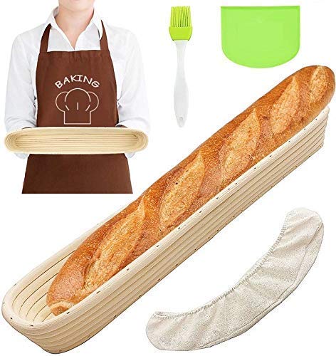 Book Cover Oval Bread Banneton Proofing Basket Baguette Baking Bowl Set with Dough Scraper Linen Liner Cloth Silicon Brush for Professional & Home Bakers