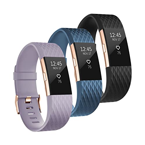 Book Cover UMAXGET Compatible with Fitbit Charge 2 Bands, 3-Pack Soft Silicone Sport Adjustable Wristband Special Edition with Rose Gold Buckle for Men Women, Large Small