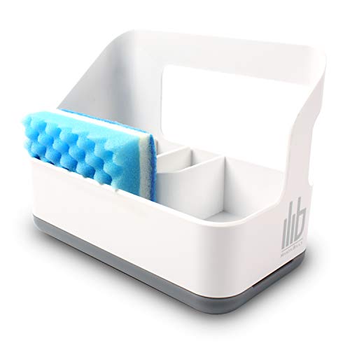 Book Cover Sink Caddy Sponge Holder - Kitchen Sink Organizer with Adjustable Compartment Dividers and Drip Drain Tray - Slim White Plastic Design - for Dish Cleaning, Brush, Scrubbie Storage - Dishwasher Safe