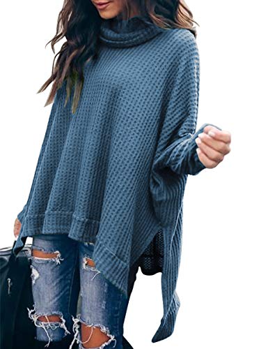 Book Cover ANRABESS Women Turtlenck Batwing Sleeve High Low Hem Side Slit Waffle Knit Casual Loose Oversized Pullover Sweater Tunic Tops