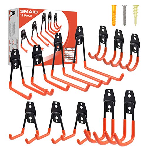 Book Cover Garage Hooks, 12 Pack Heavy Duty Garage Storage Hooks Steel Tool Hangers for Garage Wall Mount Utility Hooks and Hangers with Anti-Slip Coating for Garden Tools Organizer, Ladders, Bikes, Bulky Items