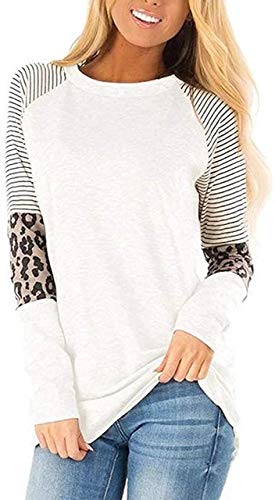 Book Cover Wahtien Women Casual Leopard Print Stripe Patchwork Loose Tunic top Crew Neck Long Sleeve Blouses