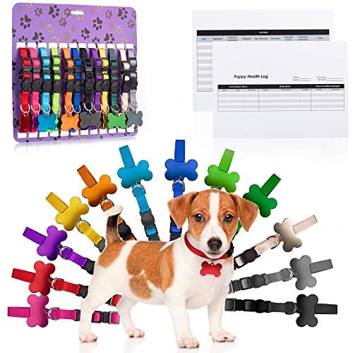 Book Cover Puppy ID Collars Adjustable Set â€“12 Pack Soft Nylon Colored Breakaway Whelping Litter Pet Collars with Identification Tags Record Keeping Charts Health Log for Small Newborn Dogs Puppy Breed Dog Cat