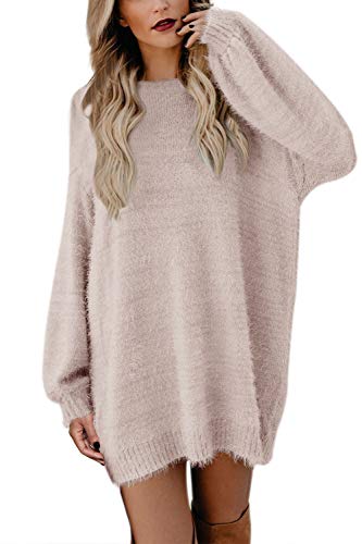 Book Cover Meenew Women's Furry Crewneck Oversized Loose Long Pullover Sweater Dress