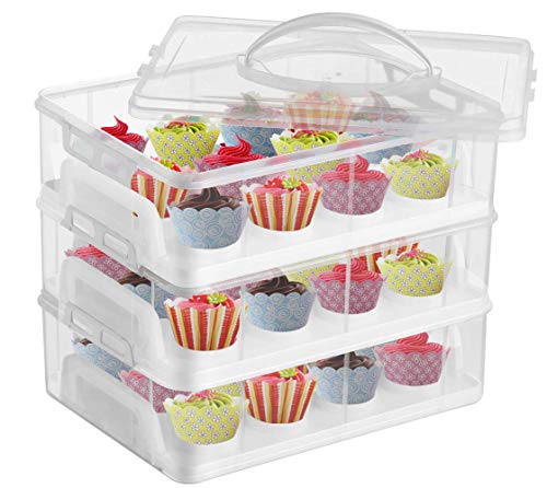 Book Cover DuraCasa Cupcake Carrier, Cupcake Holder - Premium Upgraded Model - Store up to 36 Cupcakes or 3 Large Cakes - Stacking Cupcake Storage Container - Cookie, Muffin or Cake Carrier (White, Three Tier)