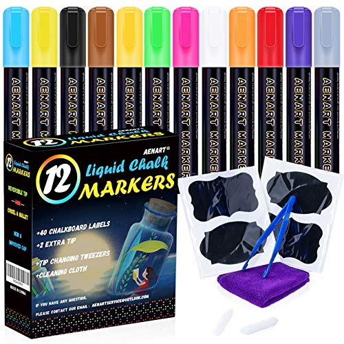 Book Cover Aen Art Chalk Pens, Liquid Chalk Markers, 12 Neon Marker for Blackboard, Glass, Bistro, Window. Including Reversible Tips and 40 Chalkboard Labels