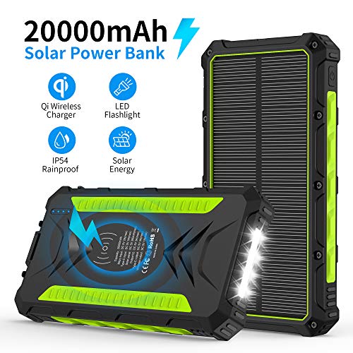 Book Cover Solar Charger, 20000mAh Qi Wireless Power Bank Portable External Backup Battery with 3 Outputs 5V/3A High-Speed and Flashlight for Camping Outdoor Huge Capacity Phone Charger for iOS Android