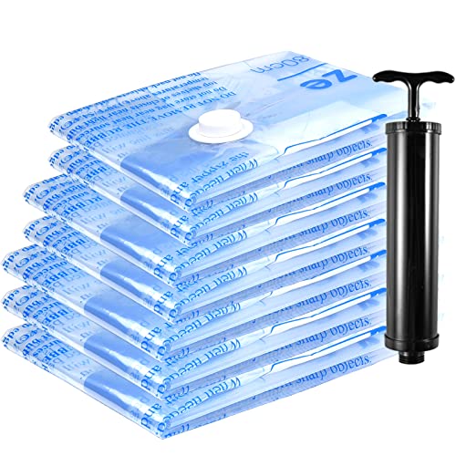 Book Cover Vacuum Storage Bags 7 Combo (3 Jumbo/2 Large/2 Medium), Space Saver Sealer Bags with Travel Hand Pump, Airtight Compression Bags for Clothes, Pillows, Comforters, Blankets, Bedding