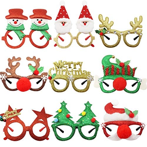 Book Cover Kiddokids 9 Christmas Party Fancy Glasses Frames Eyeglasses for Party Favors Photo Booth; One Size Fits All.