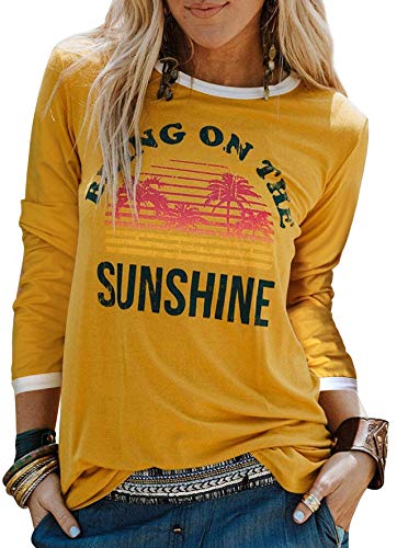 Book Cover Women Long Sleeve T-Shirt Bring On The Sunshine Letter Print Casual Blouse Tops
