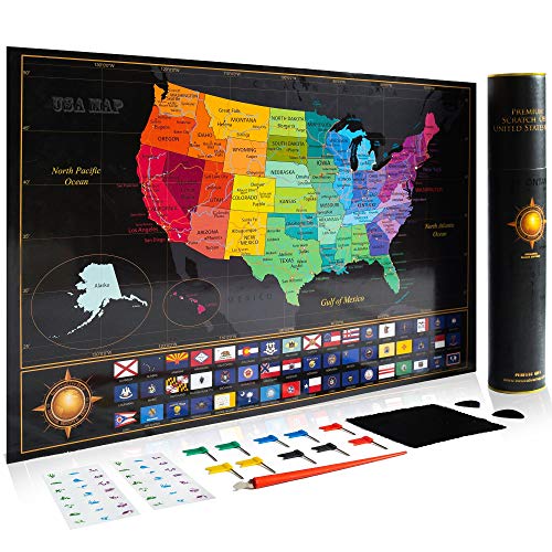 Book Cover Premium Scratch Off Map of The United States - Watercolor USA Travel Scratch Map with All States Capitals, Flags and Accessories Included â€“ 11 x 17â€ Unique & Detailed Design â€“ Deluxe GlFT Package