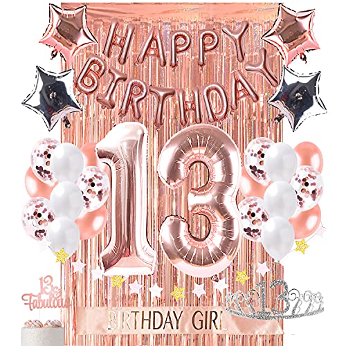Book Cover 13th Birthday Decorations Photo Props Birthday Party Supplies 13 Cake Topper Rose Gold Happy Birthday Banner Confetti Balloons Silver Curtain Backdrop Props or Photos Thirteen Teenager Bday