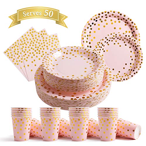 Book Cover 200Pcs Pink Disposable Paper Plates Cups Napkins Set - Pink and Gold Party Supplies, Gold Dots on Pink 50 Dinner Plates 50 Dessert Plates, 50 Napkins and 50 9 oz Cups for Baby Shower Birthday Parties