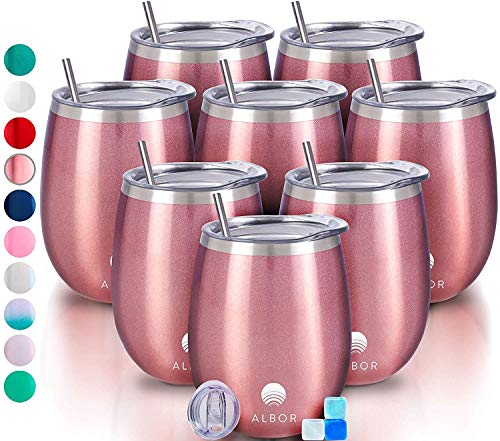 Book Cover ALBOR Triple Insulated Wine Tumbler with Lid Stainless Steel 12 Oz Tumbler Rose Gold (8 Pack)