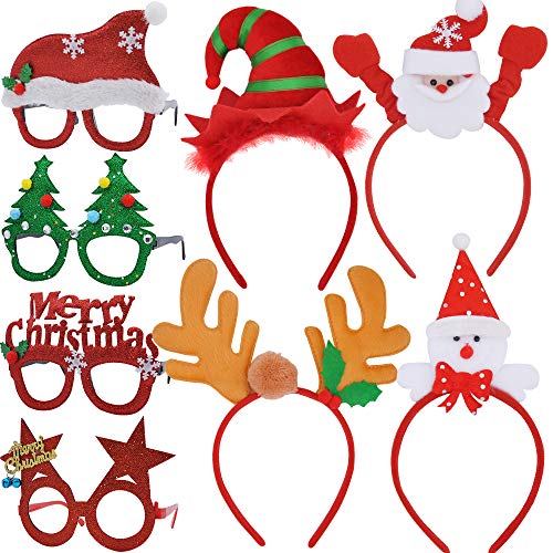 Book Cover JOYIN 4 Pcs Christmas Headbands and 4 Pcs Christmas Party Glasses Frames, Bundle Set of 8 for Holiday Season Parties Favors, Christmas Photo Booth Props (One Size Fits All)