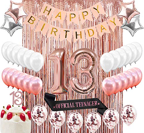 Book Cover Sllyfo 13th Birthday Decorations Party Supplies Kit - 13th Birthday Gifts for Girls,13th Cake Topper|Banner|sash|Rose Gold Curtain Backdrop Props|Confetti Balloons|Champagne Balloon. (13) (13)